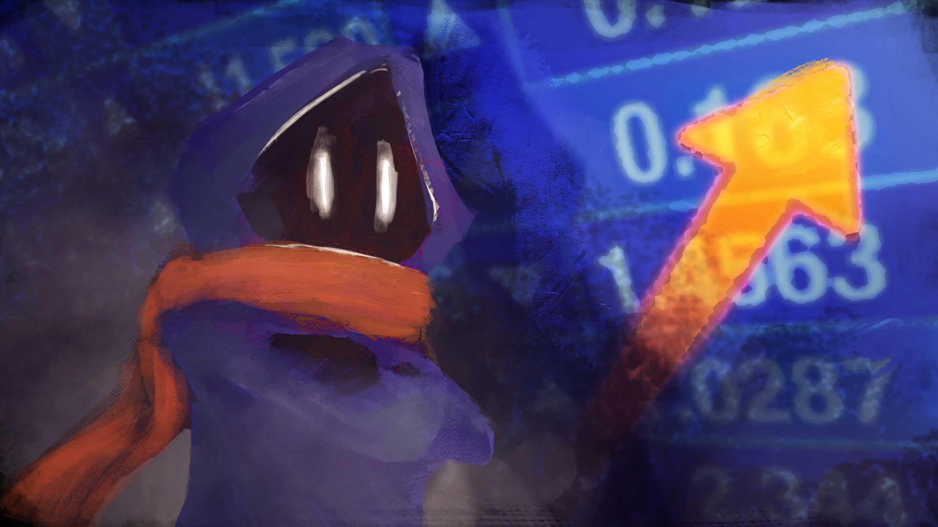 The GameCult mascot standing in front of a rising chart.